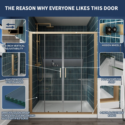 Holden 56-60"W x 70"H Easy Clean Shatter Proof Double Framed Sliding Shower Door with 1/4" (6mm) Clear SGCC Tempered Glass,Brushed Gold Finish