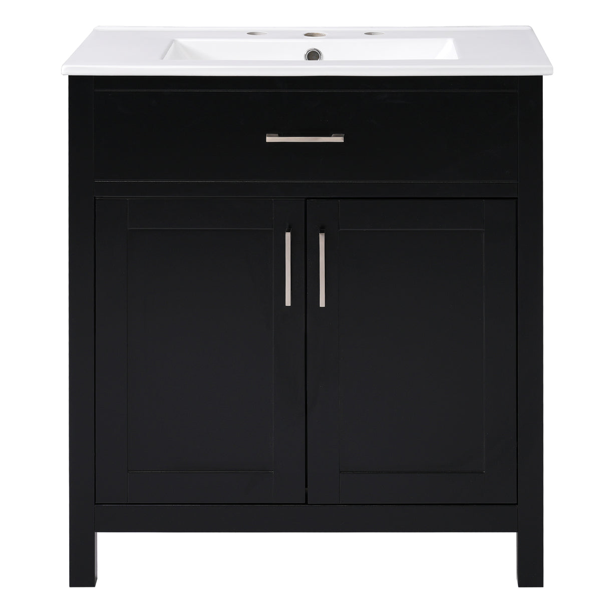 30-Inch Transitional Black Bathroom Vanity with Ceramic Sink, Ample Storage, Solid Wood Legs & Silver Handles