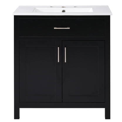 30-Inch Transitional Black Bathroom Vanity with Ceramic Sink, Ample Storage, Solid Wood Legs & Silver Handles