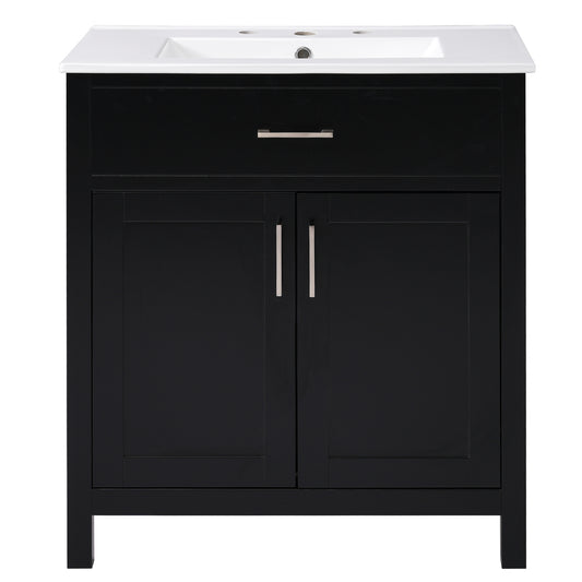 Exbrite 30-Inch Transitional Black Bathroom Vanity with Ceramic Sink, Ample Storage, Solid Wood Legs & Silver Handles