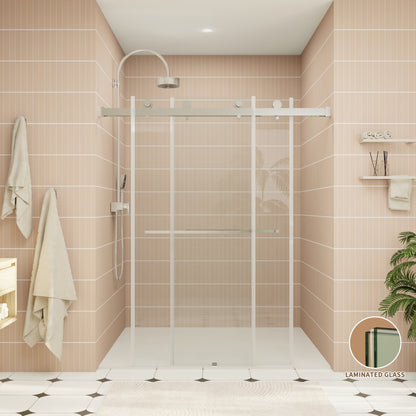 ExRoll-PL Allsumhome 56"-60"W x 70"H Frameless Double Sliding Shower Door,8mm Laminated Glass,Shatterproof,Noise-proof,UV-proof,Tempered Glass Shower Enclosure,Brushed Nickel,Buffer