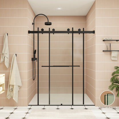 ExRoll-PL Allsumhome 56"-60"W x 70"H Frameless Double Sliding Shower Door,8mm Laminated Glass,Shatterproof,Noise-proof,UV-proof,Tempered Glass Shower Enclosure,Matte Black,Buffer