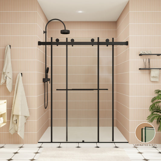 ExRoll-PL Allsumhome 56"-60"W x 70"H Frameless Double Sliding Shower Door,8mm Laminated Glass,Shatterproof,Noise-proof,UV-proof,Tempered Glass Shower Enclosure,Matte Black,Buffer