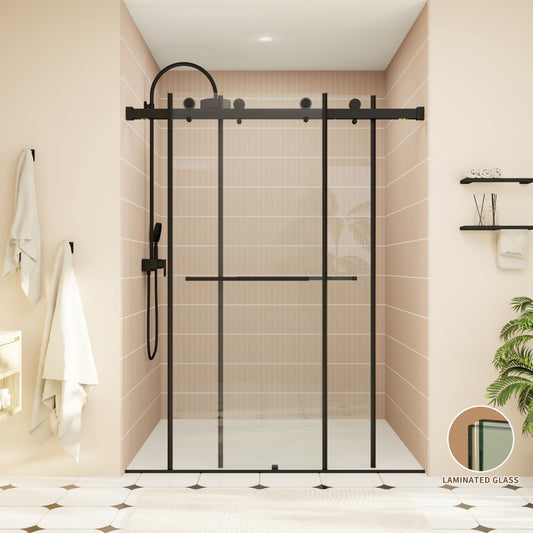 ExRoll-P Allsumhome 56"-60"W x 76"H Frameless Double Sliding Shower Door,10mm Tempered Glass Shower Enclosure,Easy Clean Coat,Matte Black,Buffer