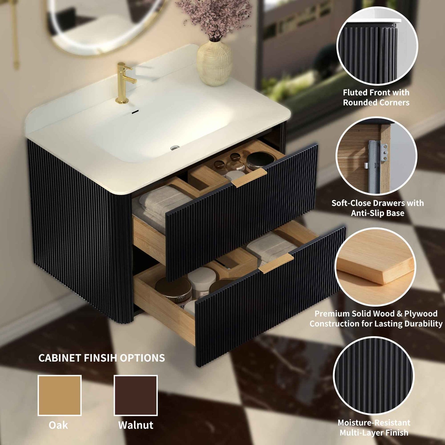 30 inch Floating Bathroom Vanity with Sink, Pre-Assembled, Wall Mounted Plywood Bathroom Storage Cabinet with Safety Rounded,Large Soft-Close Fluted Drawers & Metal Handles