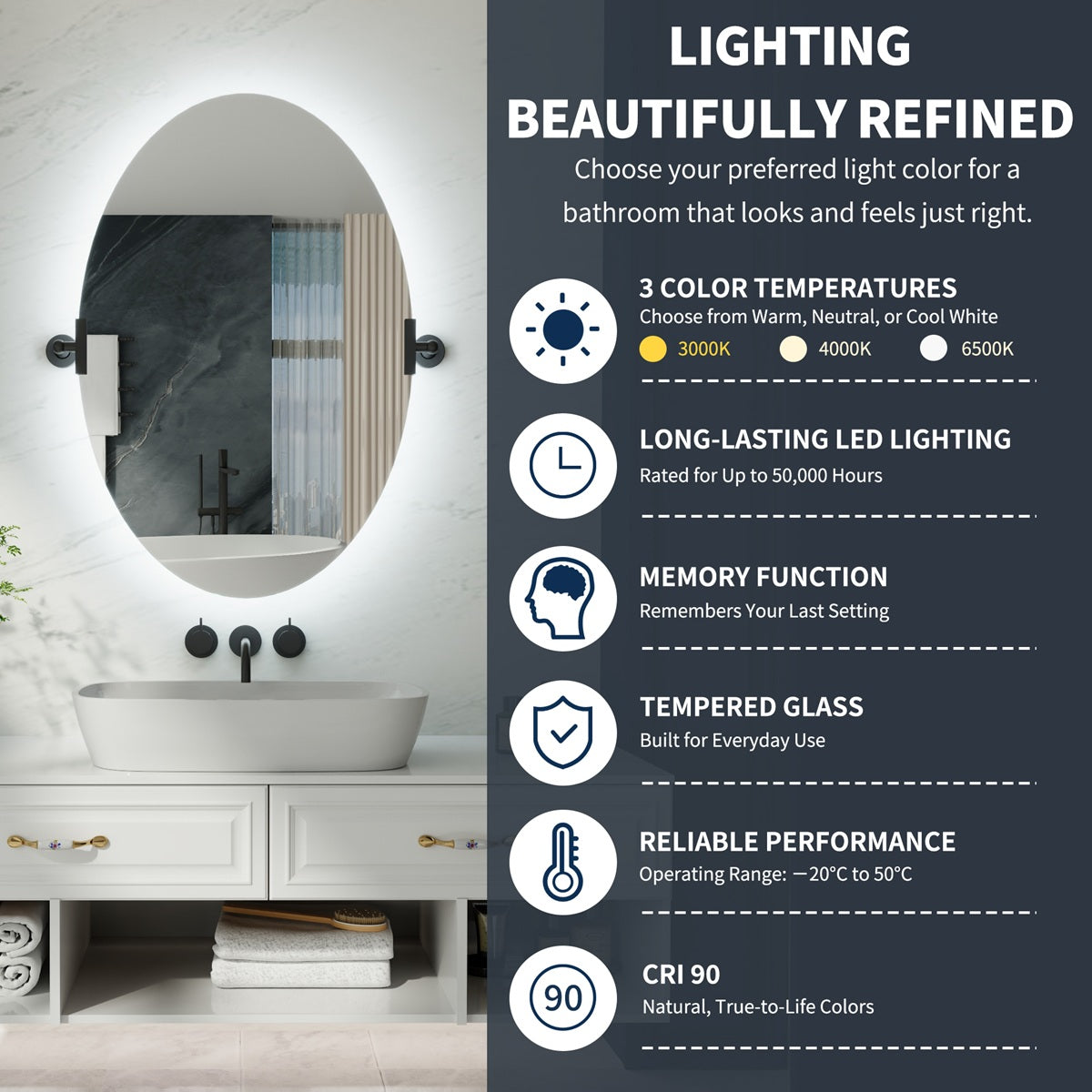 24"x 36" Navi-pro Frameless Oval 3-Color Backlit Pivoting LED Bathroom Mirror