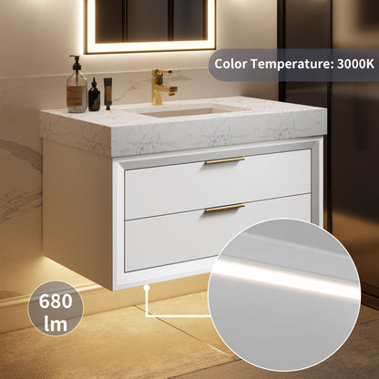 Glam 36" Modern White Bathroom Vanity with Floating Design, Lights, Stone Slab Countertop, and Single Sink