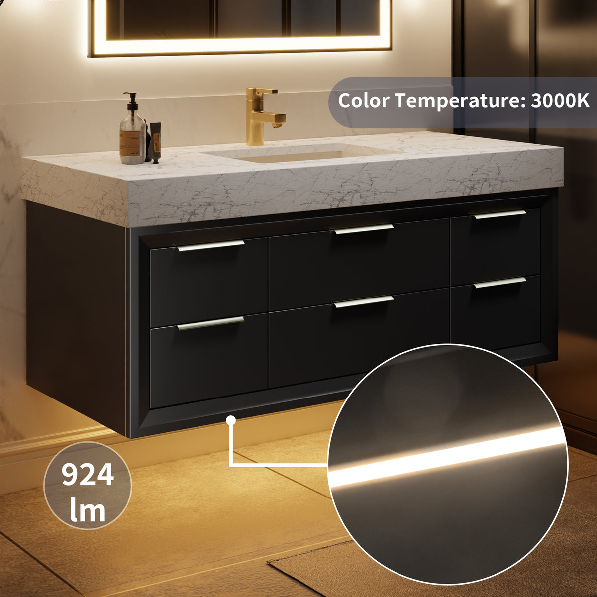 Glam 48 Inch Bathroom Vanity with Top - Modern Floating Black Rubberwood Cabinet with Lights and Stone Slab Countertop, Single Sink