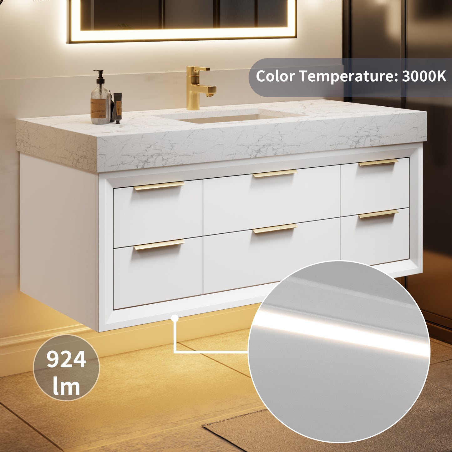 Glam 48" White Floating Bathroom Vanity with Lights and Stone Slab Countertop, Single Sink