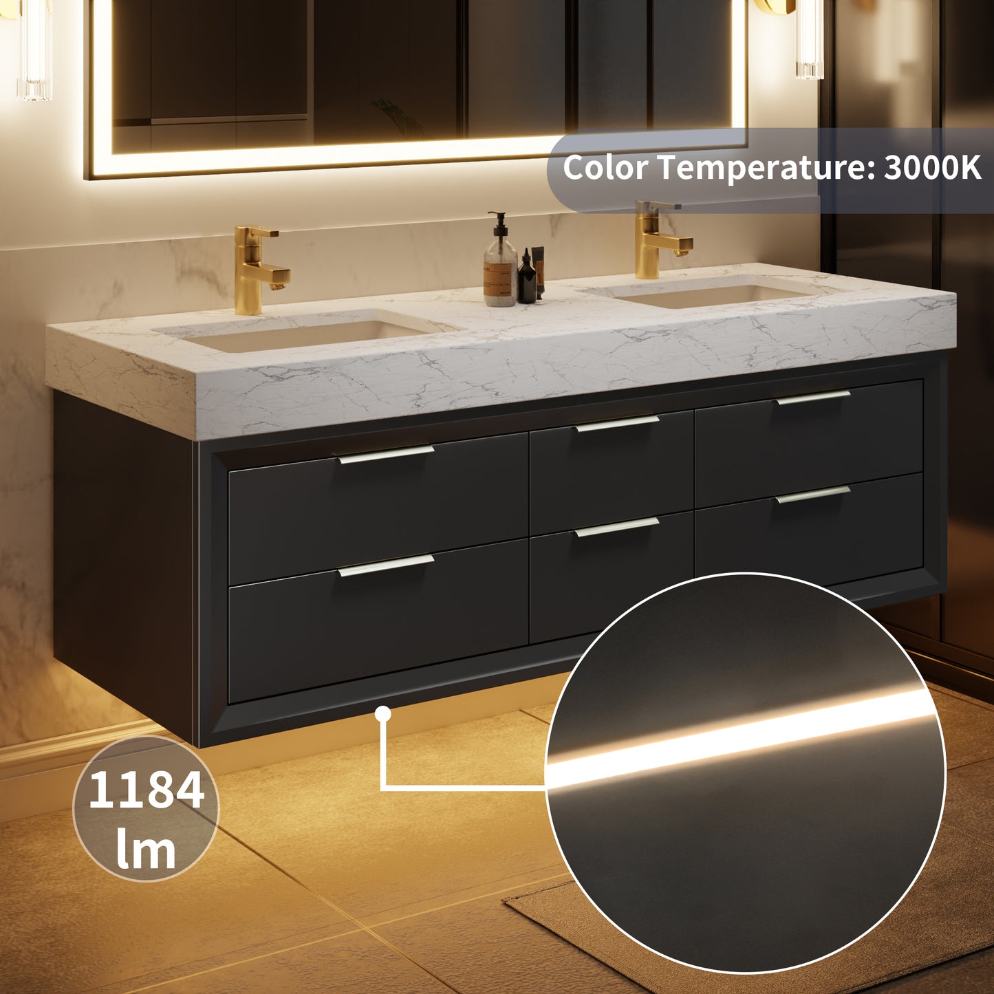 Glam 60" Black Floating Vanity 60 Modern Rubberwood Bathroom Cabinet with Lights and Stone Slab Countertop, Dual Sinks