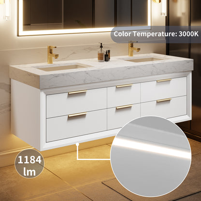 Glam 60" Modern White Vanity 60 with Rubberwood Bathroom Cabinet, Dual Sinks, Lights, and Stone Slab Countertop