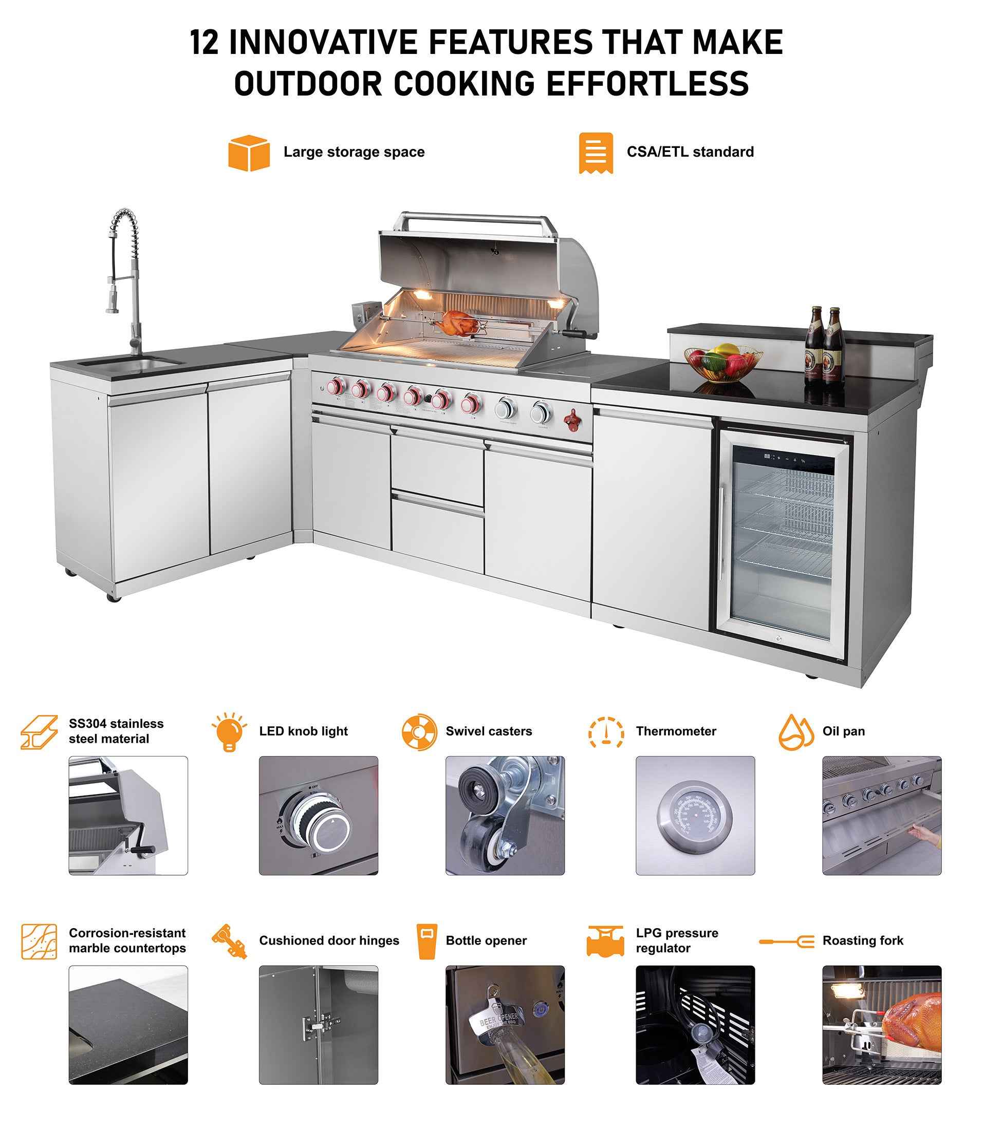 Outdoor Kitchen Island 83.3 Inch 4+1 Burner Propane Gas BBQ Grill 71500 BTU 304 Stainless Steel Silver Color With CSA, ETL Certification + Sink
