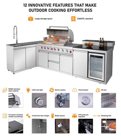 Outdoor Kitchen Island 83.3 Inch 4+1 Burner Propane Gas BBQ Grill 71500 BTU 304 Stainless Steel Silver Color With CSA, ETL Certification + Sink