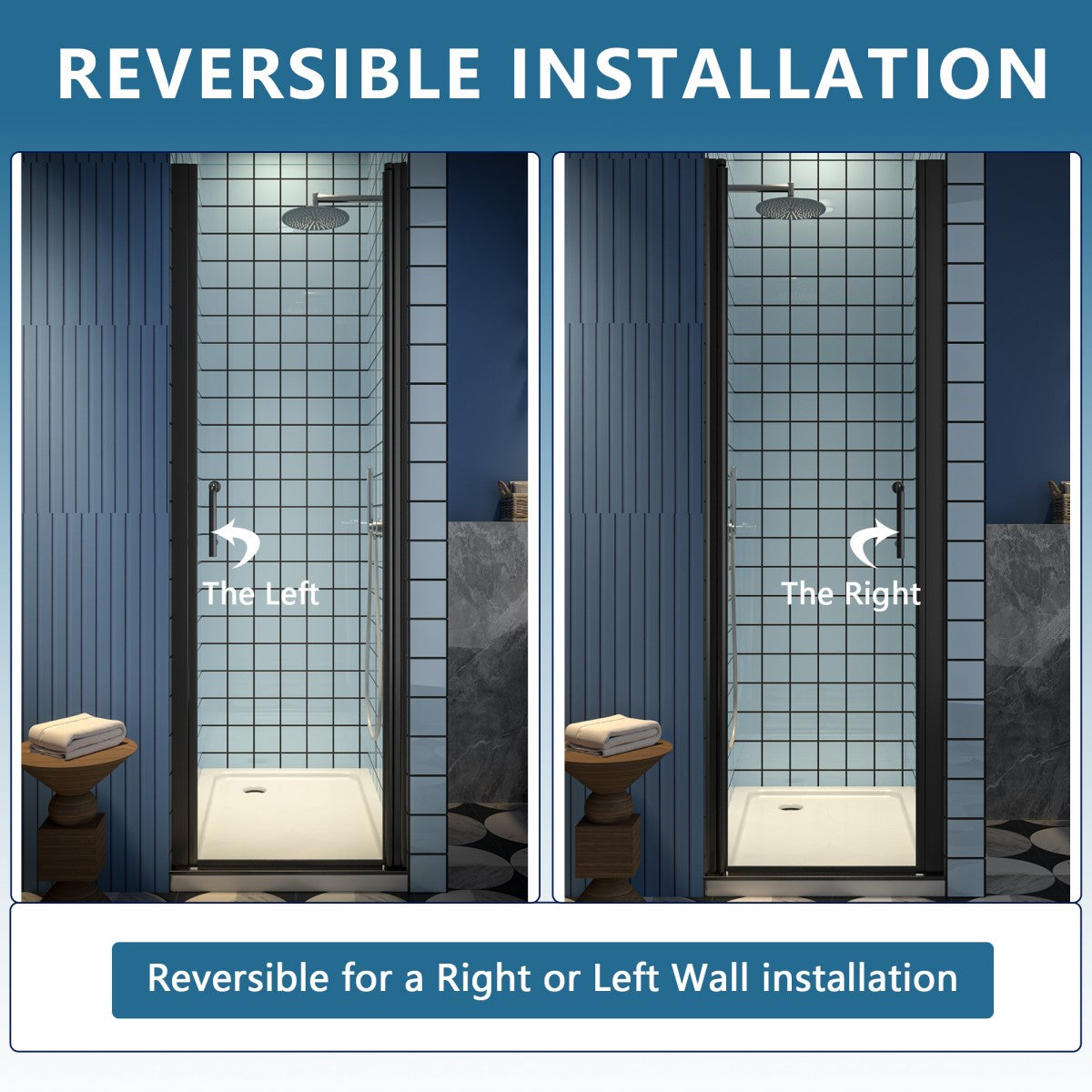 Classy 24-26" W x 72" H Small Clear Glass Shower Door Hinged Pivot Black Install