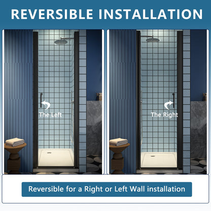 Classy 24-26" W x 72" H Small Clear Glass Shower Door Hinged Pivot Black Install