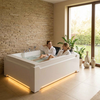 Exbrite X-031 Whirlpool Tub,73" x 48" Jetted Bathtub for 2 Person, Hydro Massage & Chromatherapy,UL Certified,UPC Certified,3 Sided Apron,Acrylic ,110 Gallons,Left Drain