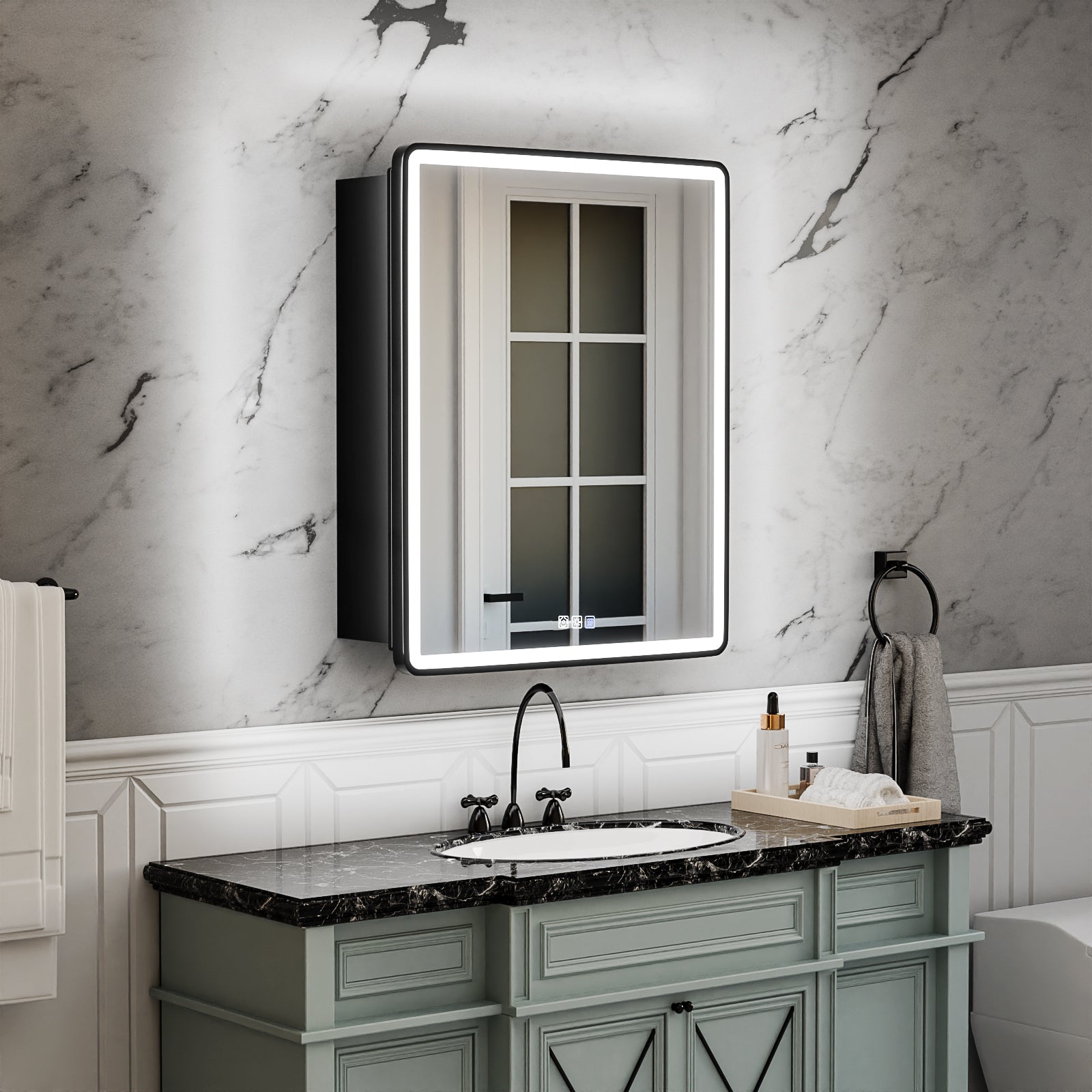 ExBrite 24" W x 30" H Light Medicine Cabinet Recessed or Surface Mount Adjustable Shelves Vanity Mirror Cabinet, Rounded Corner Door with Black Iron Frame, Hinge on the Right - ExBriteUSA