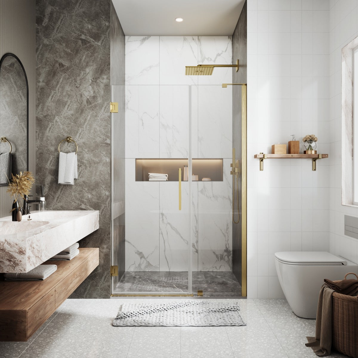 47-48" x 74" Pivot Frameless Shower Door,Brushed Gold,Easy clean|ExBrite Valor Series