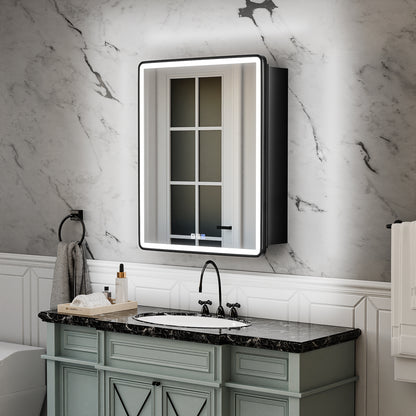 ExBrite 24" W x 30" H Light Medicine Cabinet Recessed or Surface Mount Adjustable Shelves Vanity Mirror Cabinet, Rounded Corner Door with Black Iron Frame, Hinge on the Left - ExBriteUSA