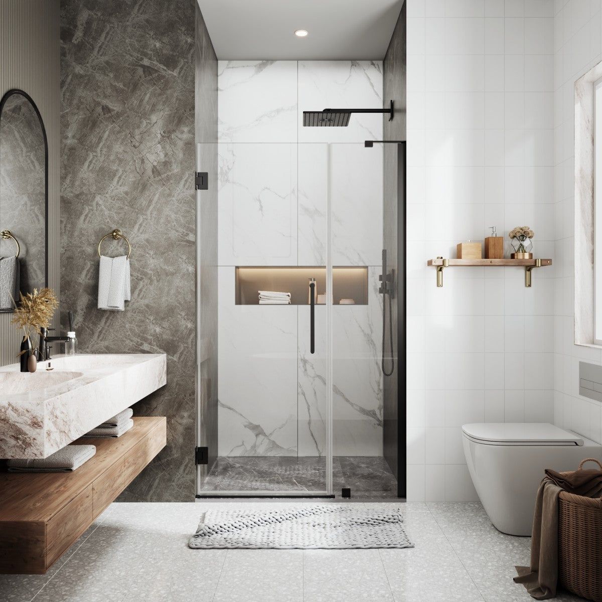 41-42" x 74" Pivot Frameless Shower Door,Matte Black,Easy clean|ExBrite Valor Series