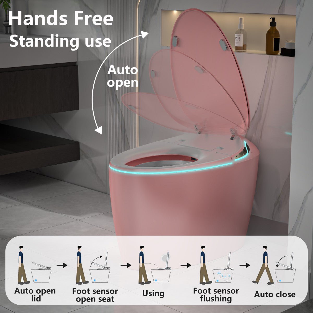 EP Exbrite Pink Bidet Smart Toilet – Intelligent One Piece Bathroom Upgrade with Auto Open/Close Seat, Foot Sensor, LED Display, Night Light, Warm Water & Dryer