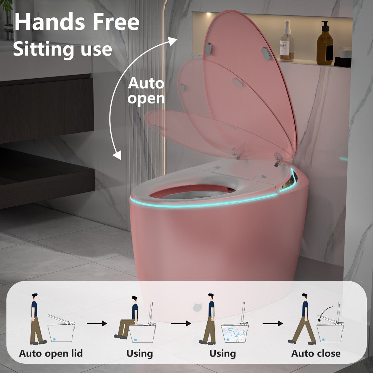 EP Exbrite Pink Bidet Smart Toilet – Intelligent One Piece Bathroom Upgrade with Auto Open/Close Seat, Foot Sensor, LED Display, Night Light, Warm Water & Dryer