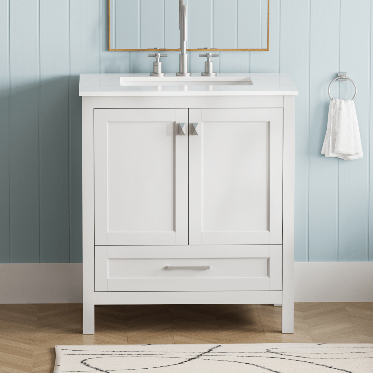 ExBrite 30" Freestanding Bathroom Vanity with Sink, Carrara Engineered Marble Vanity Top with Under-mounted Rectangular Ceramic Sink, Large Storage Soft-Close Door, Solid Wood Frame, White - ExBriteUSA