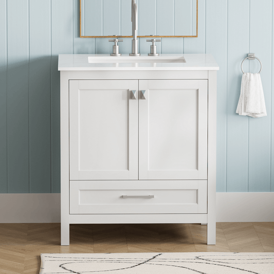 ExBrite 30" Freestanding Bathroom Vanity with Sink, Carrara Engineered Marble Vanity Top with Under-mounted Rectangular Ceramic Sink, Large Storage Soft-Close Door, Solid Wood Frame, White