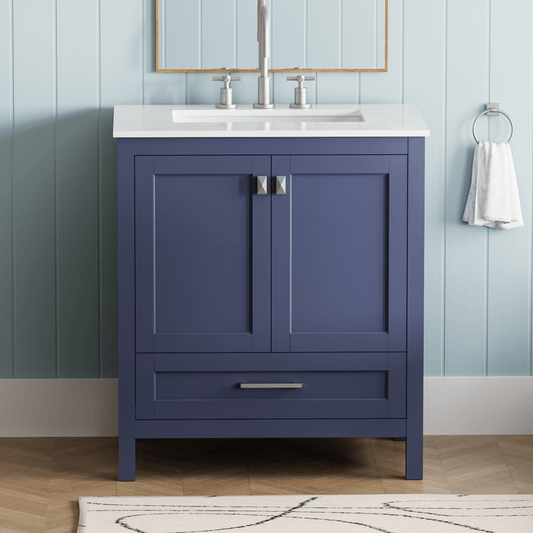 ExBrite 30" Freestanding Bathroom Vanity with Sink, Carrara Engineered Marble Vanity Top with Under-mounted Rectangular Ceramic Sink, Large Storage Soft-Close Door, Solid Wood Frame, Navy Blue - ExBriteUSA