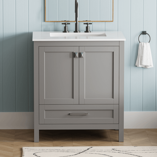ExBrite 30" Freestanding Bathroom Vanity with Sink, Carrara Engineered Marble Vanity Top with Under-mounted Rectangular Ceramic Sink, Large Storage Soft-Close Door, Solid Wood Frame, Grey - ExBriteUSA
