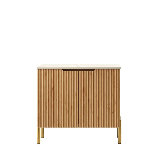 Exbrite 30" Freestanding Roma Travertine-Pattern Sintered Stone Counter Top and Natural Woodgrain Plywood Cabinet with Two Doors, NO Basin, NO Faucet and Sink Cover|TURIO