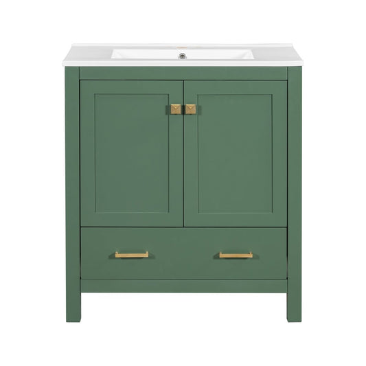 Exbrite 30-Inch Green Bathroom Vanity with Ceramic Sink and Soft-Close Storage