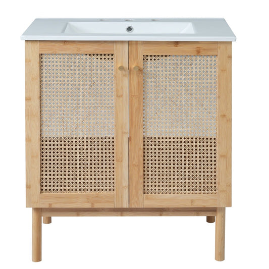 Exbrite 30-Inch Natural Wood Bathroom Vanity with Sink and Rattan Doors