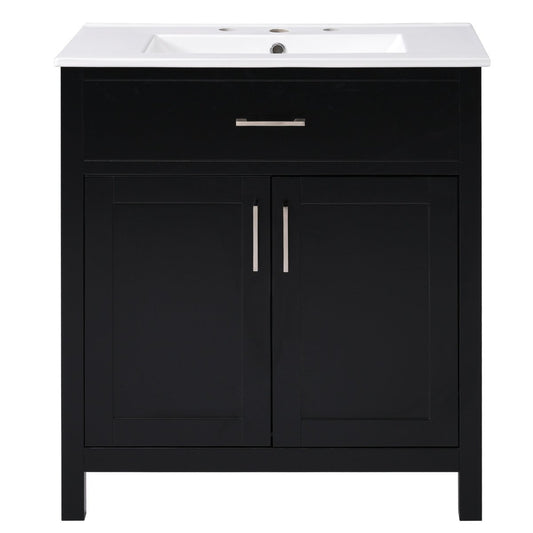 Exbrite 30-Inch Transitional Black Bathroom Vanity with Ceramic Sink, Ample Storage, Solid Wood Legs & Silver Handles