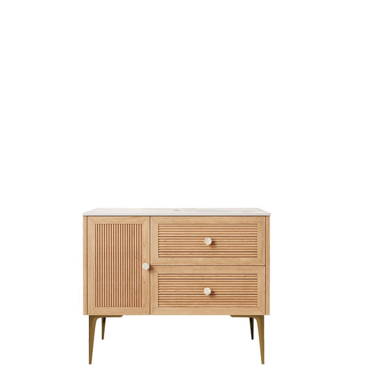 Exbrite 36' Freestanding Bathroom Light Oak Woodgrain Plywood Cabinet with Carrara White Sintered Stone Counter Top, Two Drawers and One Door, NO Basin, NO Faucet and Sink Cover|MUNIN