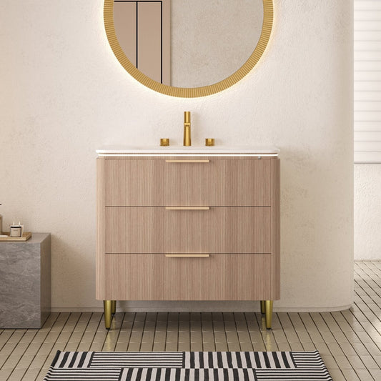 Exbrite 36'' Light Oak Woodgrain Color Bathroom Vanity&Sink, Freestanding Curved Edges Ultra-Slim Grille Plywood Storage Cabinet, 3 Drawers, Carrara White Sintered Stone Integrated Basin, Pre-assembled|AMARA