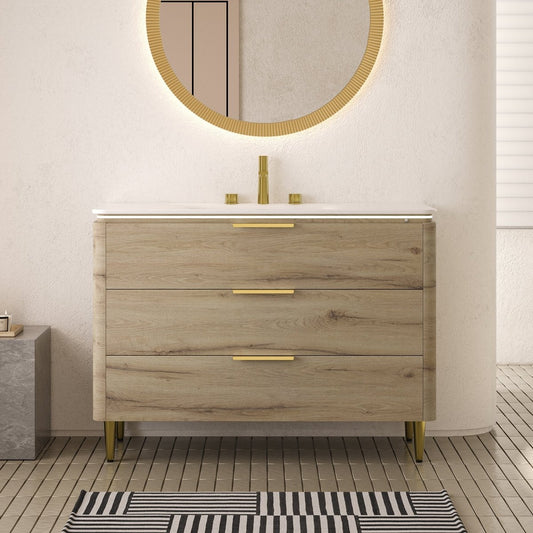 Exbrite 36'' White Oak Woodgrain Color Bathroom Vanity with Sink, Freestanding Curved Edges Plywood Bathroom Storage Cabinet with 3 Drawers, Carrara White Sintered Stone Integrated Basin, Pre-assembled|AMARA