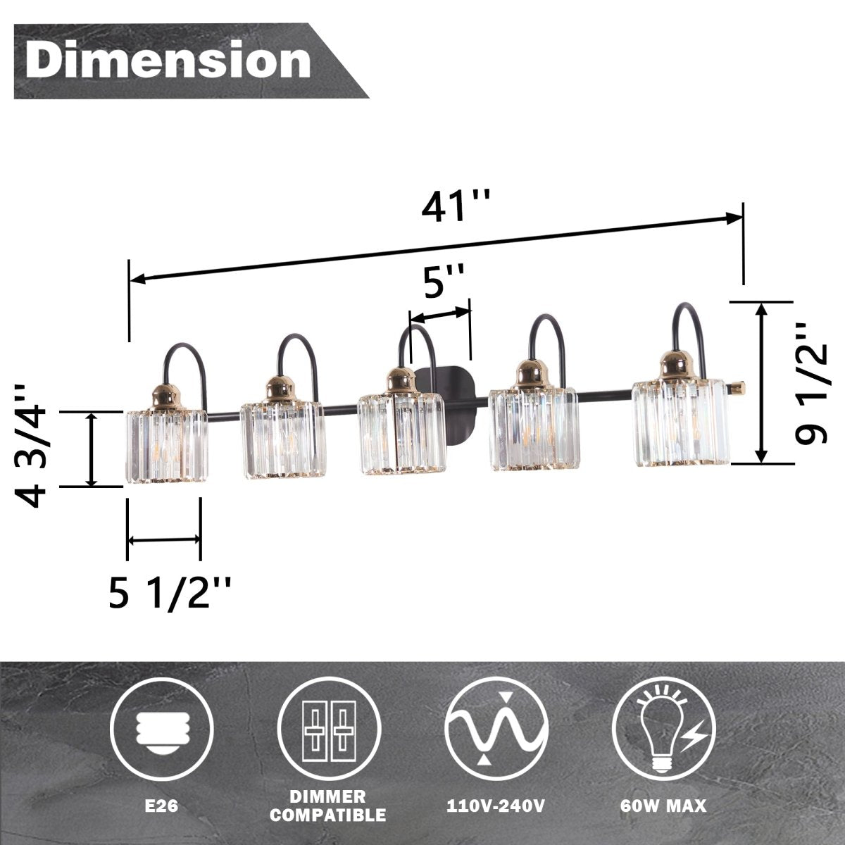 ExBrite 41" W 5 Lights Bathroom Black and Gold Vanity Lights for Bathroom Light - ExBriteUSA