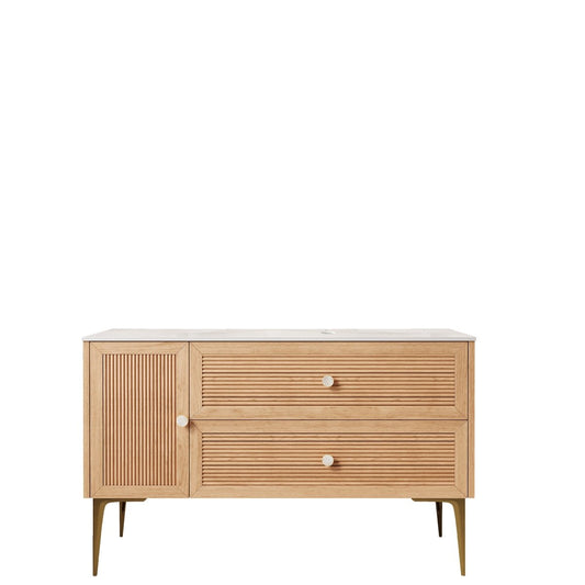 Exbrite 48' Freestanding Bathroom Light Oak Woodgrain Plywood Cabinet with Carrara White Sintered Stone Counter Top, Two Drawers and One Door, NO Basin, NO Faucet and Sink Cover|MUNIN