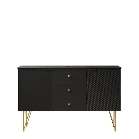 Exbrite 48" Freestanding Black Plywood Cabinet with 3 Drawers and 2 Doors, Black Sintered Stone Top, NO Basin, NO Faucet and Sink Cover|GEMA