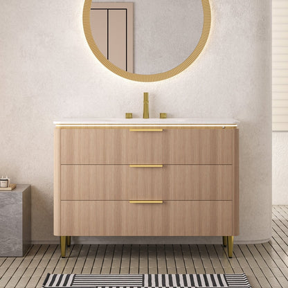 Exbrite 48'' Light Oak Woodgrain Color Bathroom Vanity&Sink, Freestanding Curved Edges Ultra-Slim Grille Plywood Storage Cabinet, 3 Drawers, Carrara White Sintered Stone Integrated Basin, Pre-assembled|AMARA