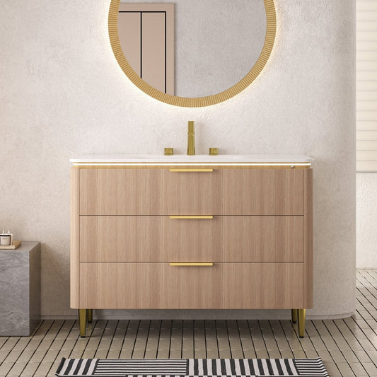 Exbrite 48'' Light Oak Woodgrain Color Bathroom Vanity&Sink, Freestanding Curved Edges Ultra-Slim Grille Plywood Storage Cabinet, 3 Drawers, Carrara White Sintered Stone Integrated Basin, Pre-assembled|AMARA