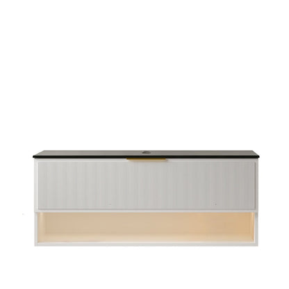 Exbrite 48' Wall Mounted White Plywood Cabinet with One Drawer and One Open Shelf, Black Stone Sintered Stone Top, NO Basin, NO Faucet and Sink Cover|MALONE