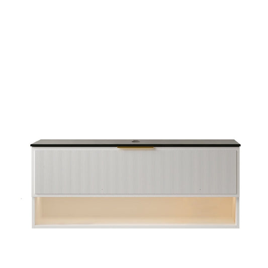 Exbrite 48' Wall Mounted White Plywood Cabinet with One Drawer and One Open Shelf, Black Stone Sintered Stone Top, NO Basin, NO Faucet and Sink Cover|MALONE