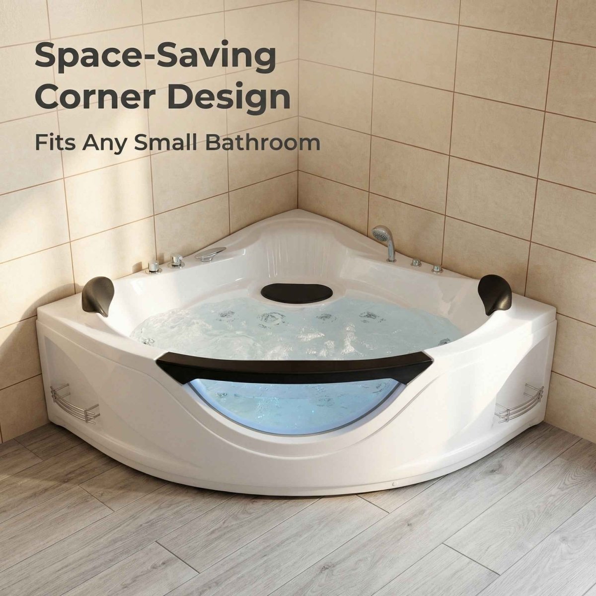 Exbrite 59" Corner Whirlpool Bathtub for 2 Person, Luxury Jetted Spa Tub with 6 Hydro Massage Jets, Chromatherapy LED Lights & Pneumatic adjust system, UL Certified water pump,UPC Certified drainer
