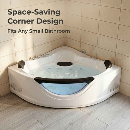 Exbrite 59" Corner Whirlpool Bathtub for 2 Person, Luxury Jetted Spa Tub with 6 Hydro Massage Jets, Chromatherapy LED Lights & Pneumatic adjust system, UL Certified water pump,UPC Certified drainer