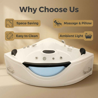Exbrite 59" Corner Whirlpool Bathtub for 2 Person, Luxury Jetted Spa Tub with 6 Hydro Massage Jets, Chromatherapy LED Lights & Pneumatic adjust system, UL Certified water pump,UPC Certified drainer