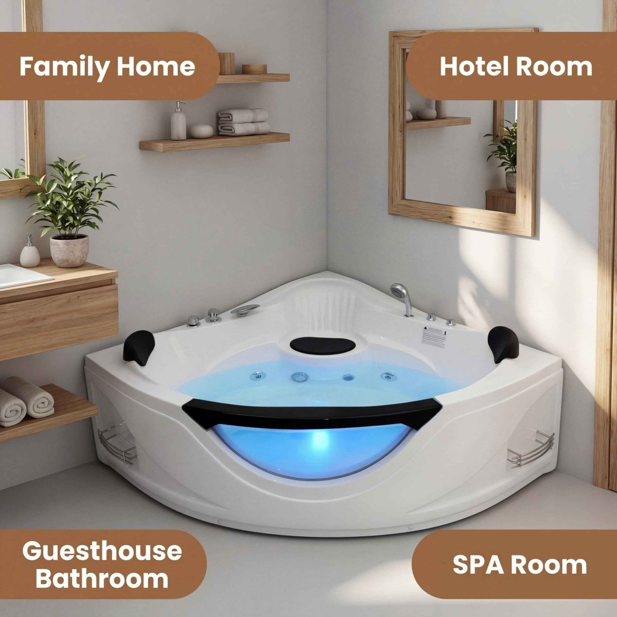 Exbrite 59" Corner Whirlpool Bathtub for 2 Person, Luxury Jetted Spa Tub with 6 Hydro Massage Jets, Chromatherapy LED Lights & Pneumatic adjust system, UL Certified water pump,UPC Certified drainer