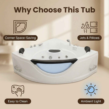 Exbrite 59" Corner Whirlpool Bathtub for 2 Person, Luxury Jetted Spa Tub with 6 Hydro Massage Jets, Chromatherapy LED Lights & Pneumatic adjust system, UL Certified water pump,UPC Certified drainer