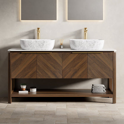 ExBrite 60' Bathroom Vanity&Sinks, Freestanding Plywood Storage Cabinet with 4 Diagonal Striped Doors&Open Shelf, 2 Marble Pattern Ceramic Basins&Carrara White Sintered Stone Top, Dark Walnut Woodgrain